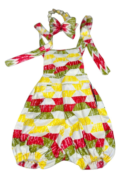 Two piece Open Back Baby Jumpsuit and headband for 9 to 12 months.